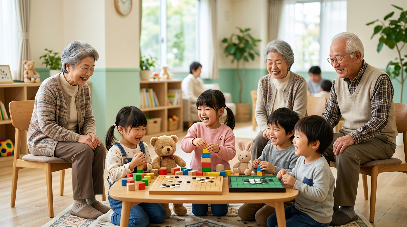 おもちゃで遊ぶ子どもたちと、にこやかなご高齢の方々