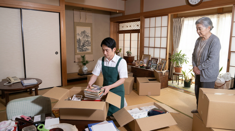 和室で男性スタッフが段ボールに仕分け、ご家族が立ち会う遺品整理・片付けの作業風景